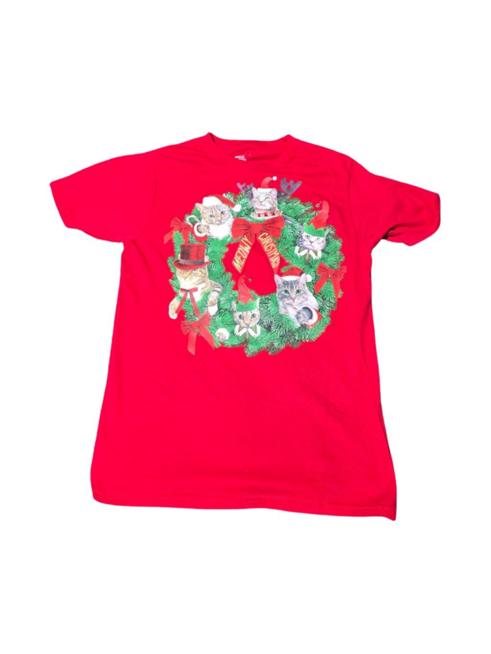 Men's Holiday Time Short Sleeve Tee S Red Christmas Cat Wreath #893